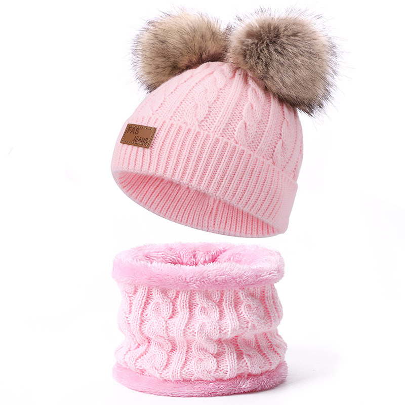 Picture of Winter Children's Neck Hat Two-Piece Pompom Baby Baby Knitted Hat Warm Wool Fleece-Lined Thickened Neck Set