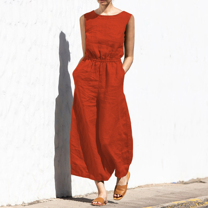 Picture of 2025 Cross-Border European and American Summer Solid Color High-Waisted Sleeveless Long Pants Women's Casual Loose Jumpsuit European and American Style