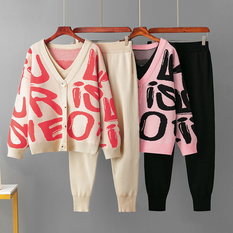 Cross-border Amazon jacquard three-piece woolen suit cardigan knitted pants suit letters casual loose