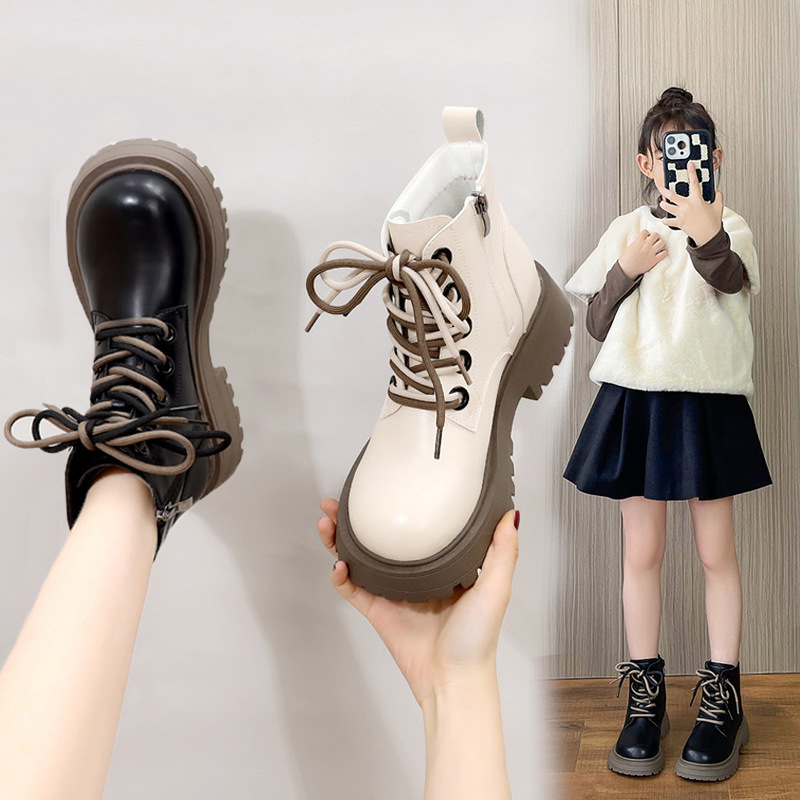 Genuine Leather Girls' Martin Boots 2025 New Winter Style Shoes Trendy Fleece-Lined Children's Short Boots Princess Stylish Big Kids