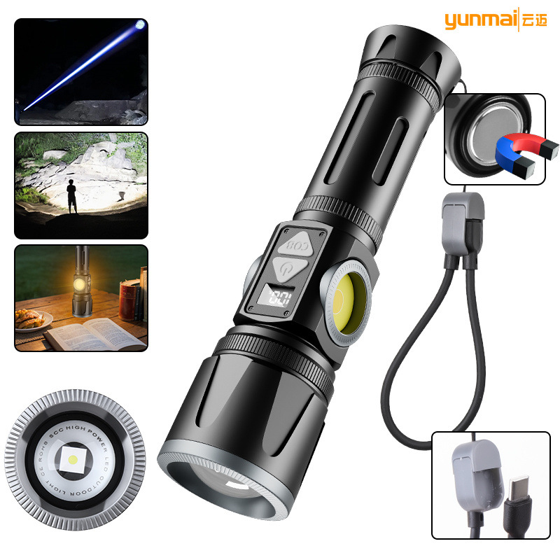 Amazon new LED white laser flashlight double-sided COB multi-color temperate digital power display flashlight