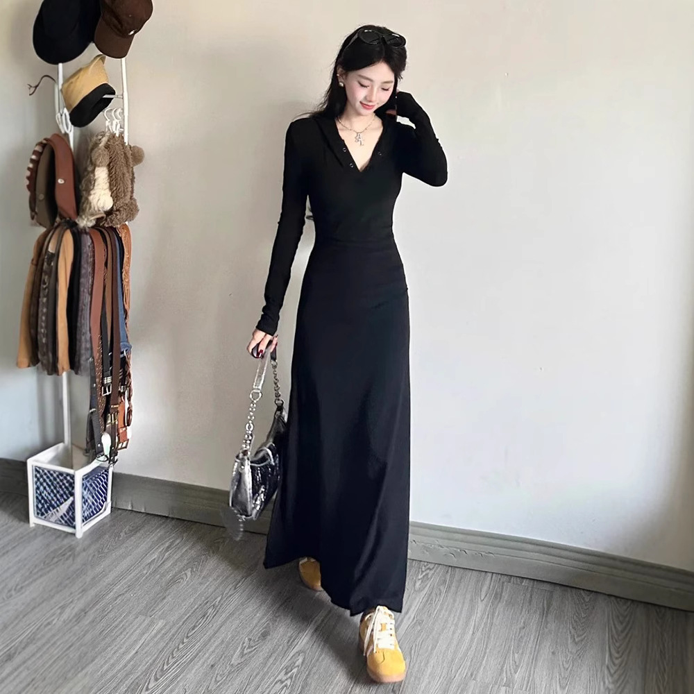 Picture of Spring and Autumn Black Hepburn Style Long-sleeved dress Women's Korean Cross-border New French Style Elegant Hip V-neck Dress
