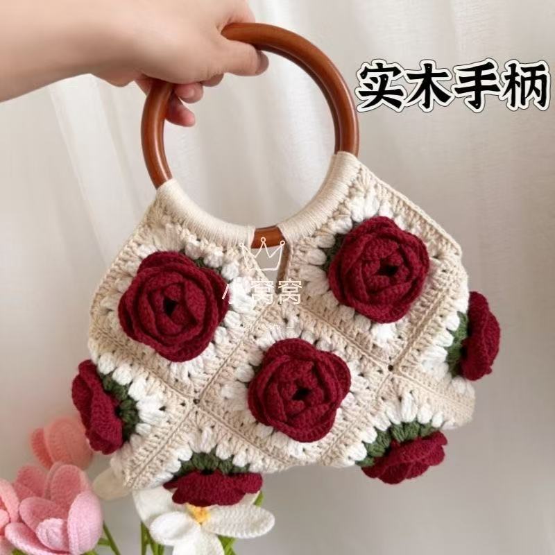 Handmade vintage handbag rose three-dimensional crocheted diy wool handmade woven material handle all-match bag