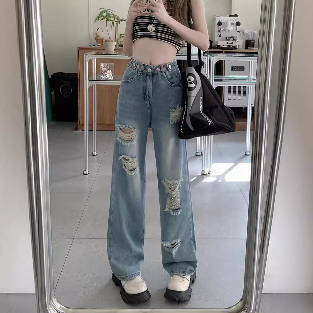Ripped Straight Jeans Women's Autumn chubby girl High Waist Slimming Loose Design Wide Leg Long Pants