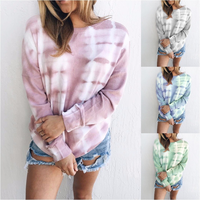 Amazon wish European and American autumn and winter cross-border Women's printed tie-dye gradient color long sleeve round neck T-shirt sweater