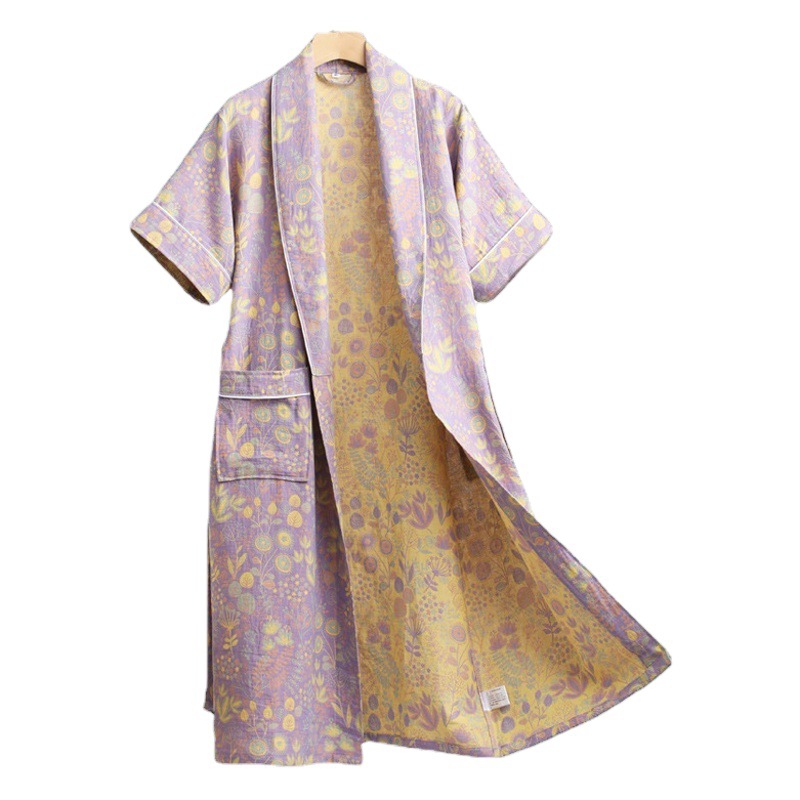 Spring and Summer Thin Pure Cotton Double-layer Yarn Short-sleeved Bathrobe Absorbent Quick-drying Layered Couple Pajamas Women's Home Clothes Nightgown