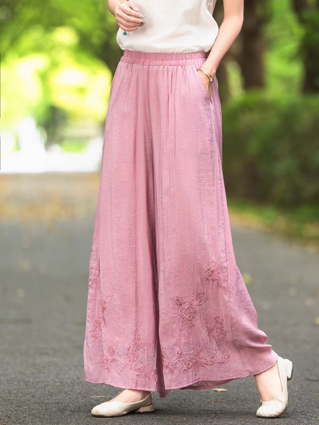 2024 Summer Tencel Draped Solid Color Embroidered Artistic Loose Fit Elastic Waist Double-Layer Elegant Artistic Retro Style