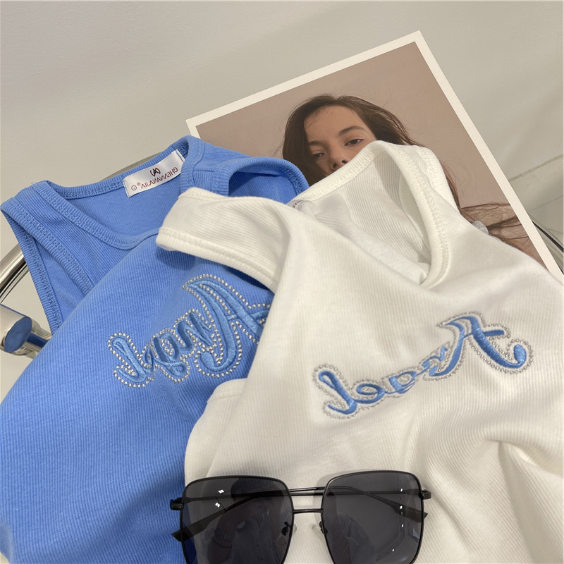 Neck Top Blue Letter Embroidered Vest Women's 2021 New Summer Spice Girls I-character Inner Sleeveless Sexy Jersey