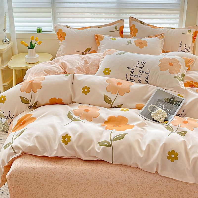 ClAss A Brushed Four-piece Set Thickeneded Bed Bed Sheets Quilt Cover Summer WAshed Cotton Student Three-piece Bedding Set WholesAle ins