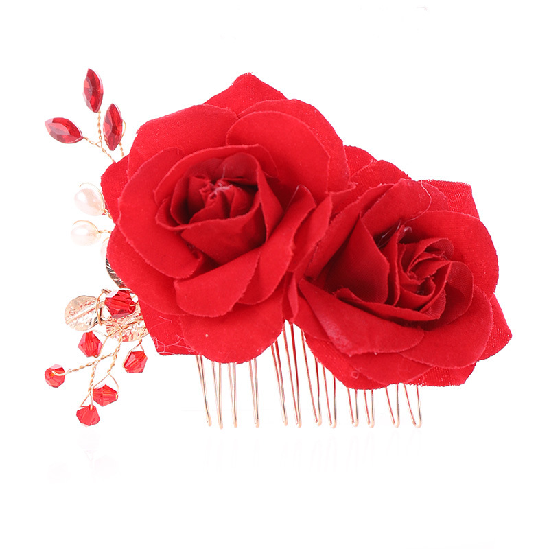Picture of Bridal Headdress Red Flower Rhinestone Hair Comb Hand-Beaded Comb Head Flower Rose Toast Clothing Headdress Wholesale