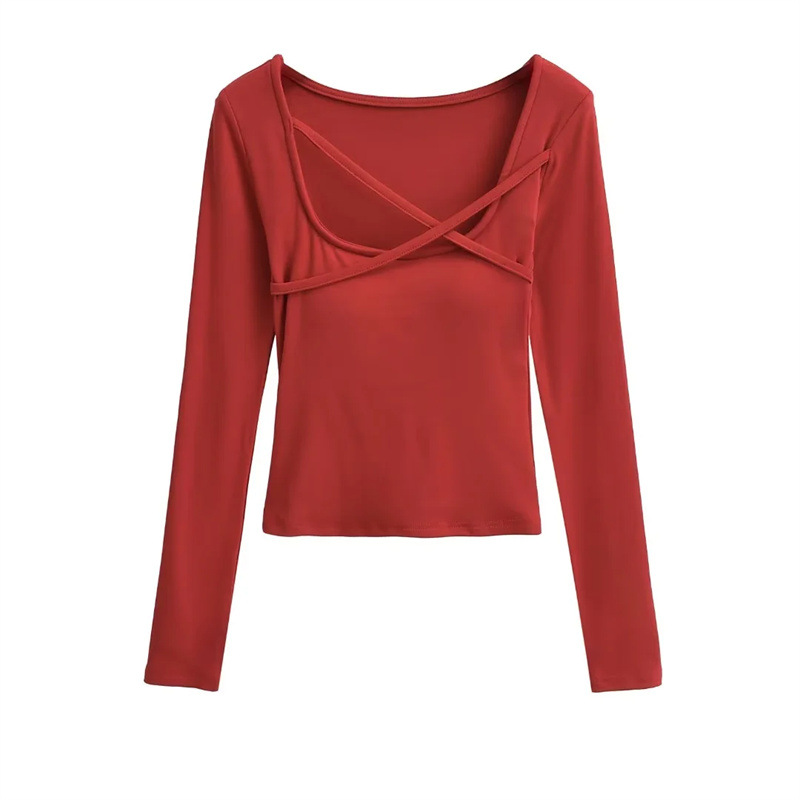 Picture of Ins Spice Girl Square Collar Cross Rope with Chest Pad Long-sleeved T-shirt Autumn New Light Mature Pure Slim-fit Short Base Shirt