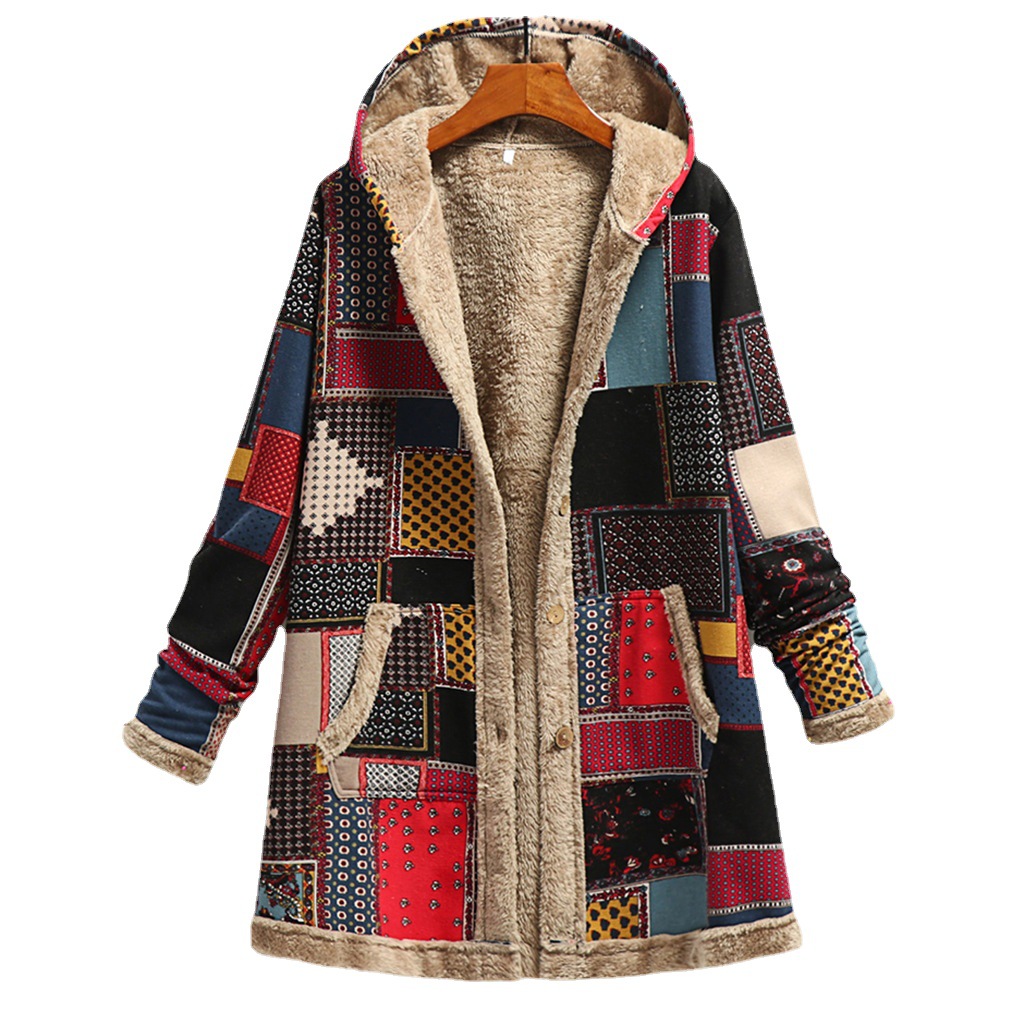 Picture of 2023 Winter Amazon Wish European and American New Women's Cotton and Linen Printed Hooded Sweatshirt Warm Stuffed Jacket