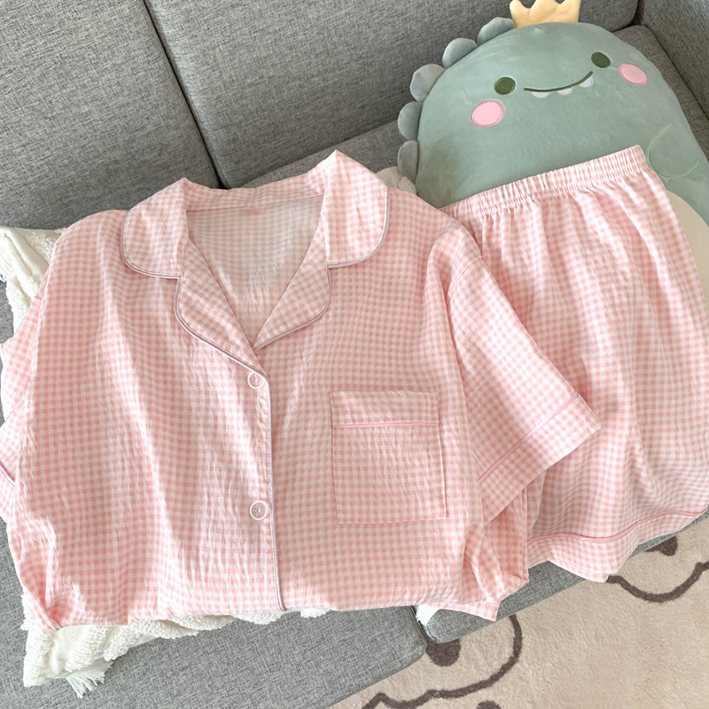 Cross-border new two-piece cloud cotton short sleeve shorts pajamas sweet wind pink plaid home clothes real shot wholesale