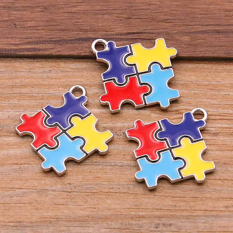 Picture of 8 Styles, 2 Colors DIY Alloy Jewelry Contrasting Color Puzzle Autism Pendant Round Heart Puzzle Asymmetrical Pendant