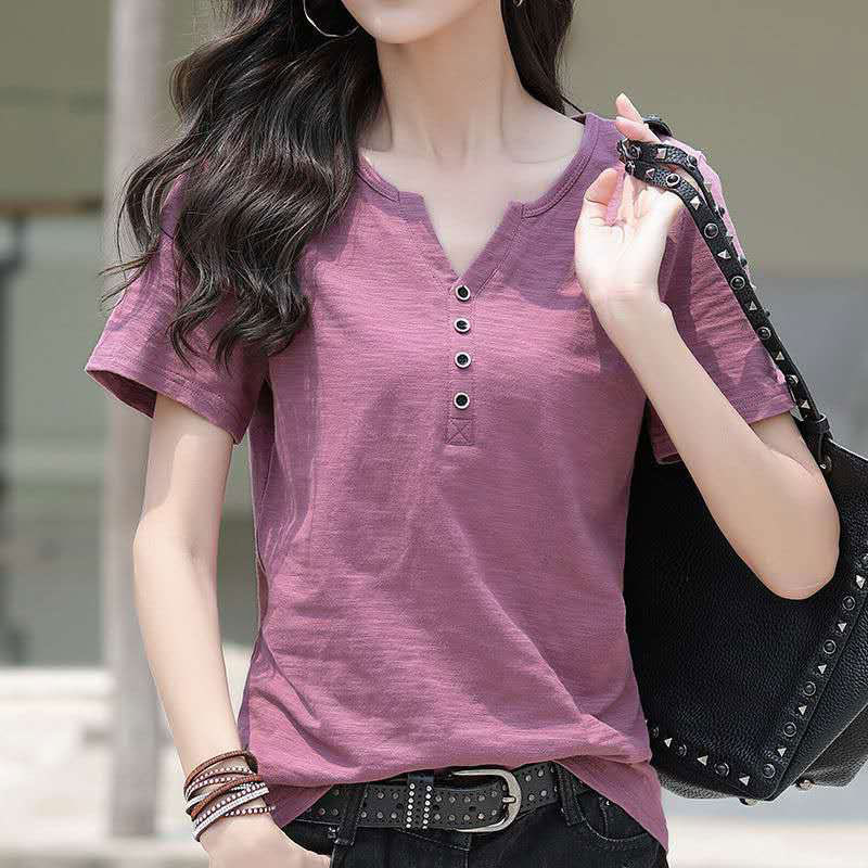 Pure Cotton Short-Sleeved T-Shirt Women's Bamboo Cotton 2024 Summer New Loose Large Size Women's V Neck T-Shirt Top Trendy