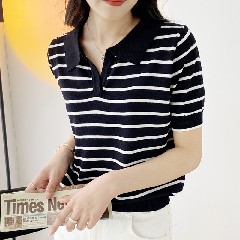 Picture of Polo Shirt Summer 2023 New Korean Striped Short-sleeved Knitted Shirt Women's Thin Slimming Polo Collar T-shirt