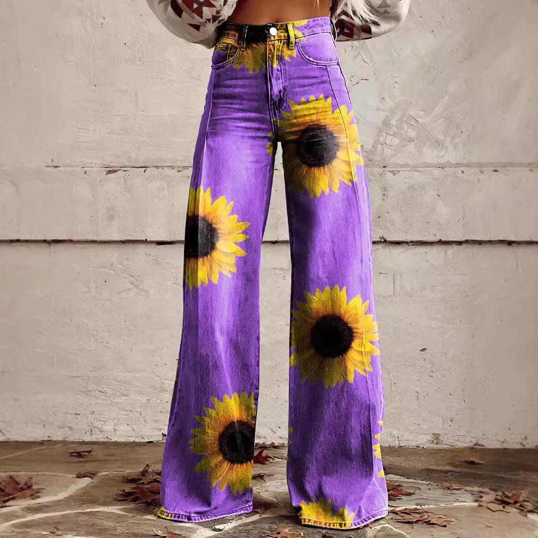 2024 Foreign Trade High Waist Women's Imitation Denim Fashion Korean Style Clear Alcohol Chrysanthemum Fashion Digital Printed Jeans