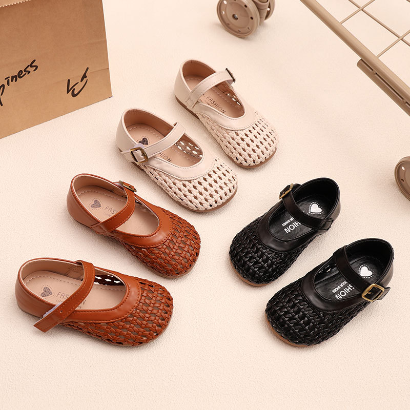Girls' Leather Shoes, Woven Cut Out Princess Children's Shoes, Woven Beach Shoes, Soft-Soled Baby Girls' Toe-Cap Sandals, Korean Style Shoes