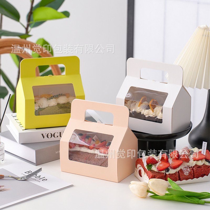 Portable Window Cake Packaging Box Baking Lasagna Cut Fruit Long Cake Roll Dessert Biscuits Packing Box