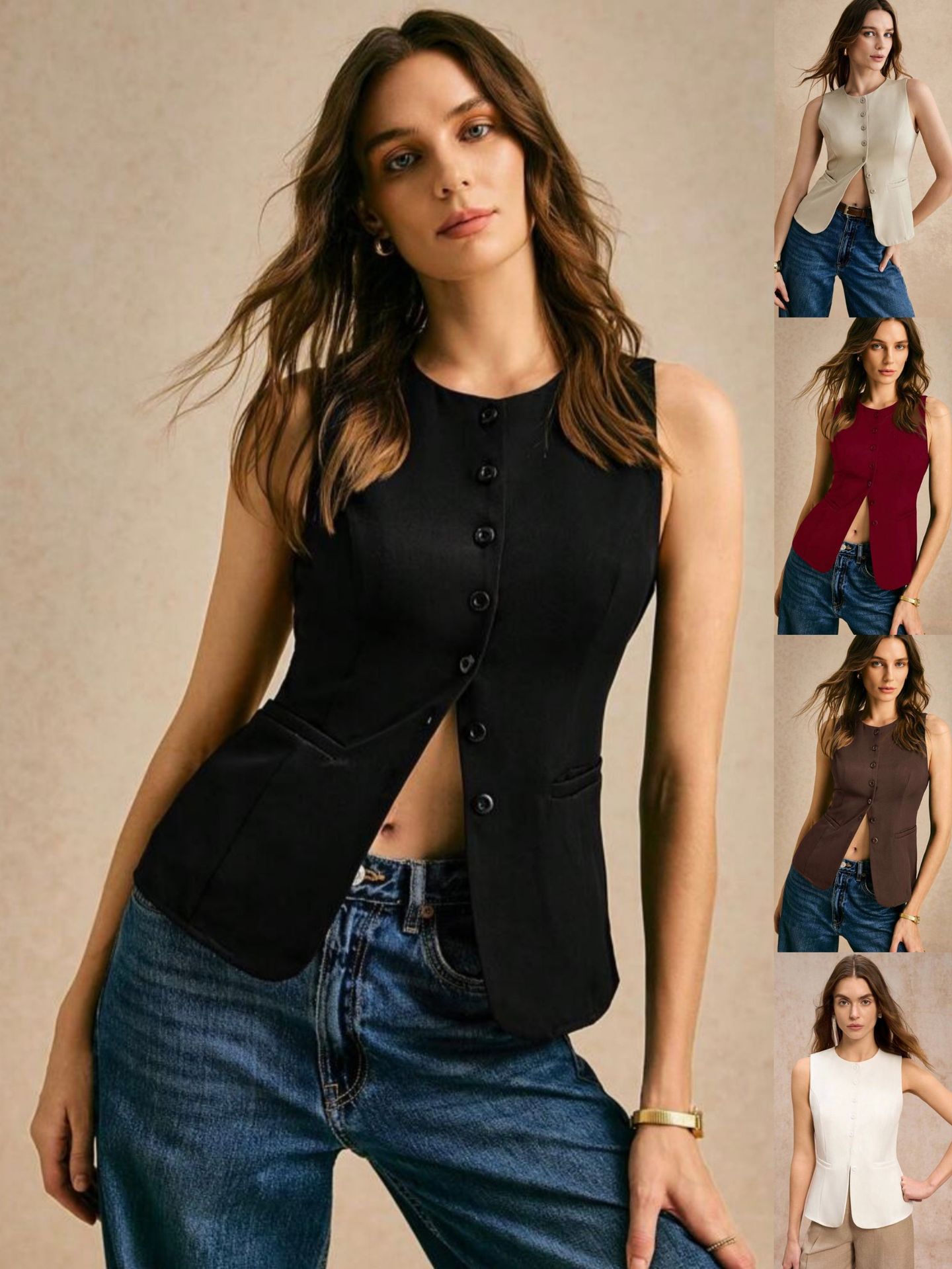 Picture of Summer European and American Women's Cross-border New Commuter Simple Fashion Button Solid Color Vest Casual Top Round Neck Vest