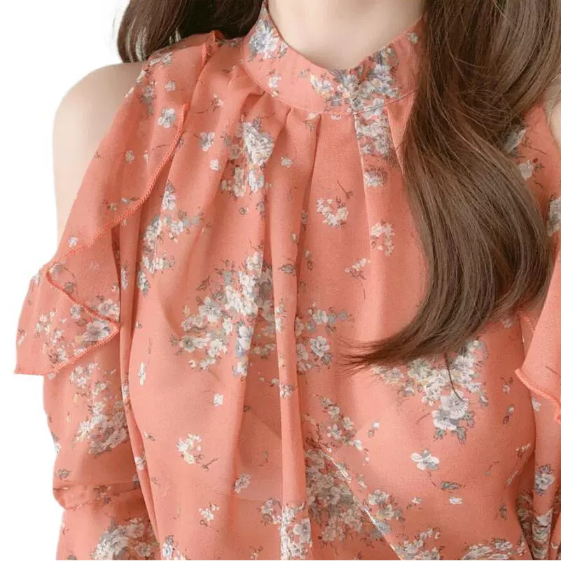 Picture of 2025 Spring/Summer New Korean Fashion Off-Shoulder Lady Print Flared Long-Sleeve Chiffon Blouse Women's Shirt