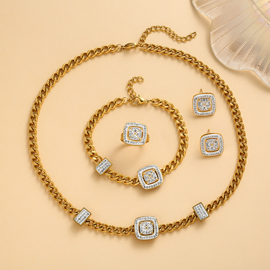 New titanium steel 18k gold creative inlay geometric square white zirconium suit color retention cross-border temperament fashion jewelry suit