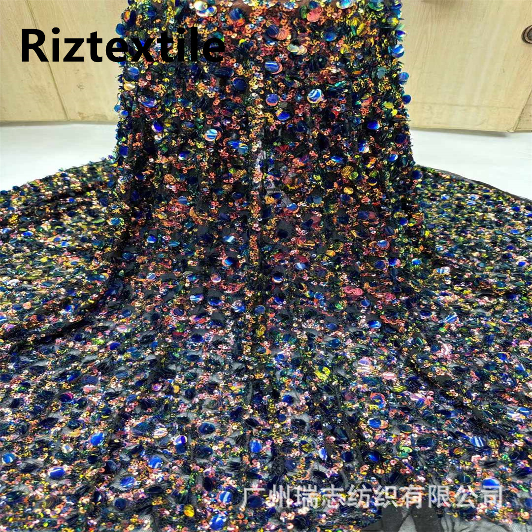 New Full Circle Stage Clothing Magic Color Gradient Bead Polyester Embroidered Cloth Multicolor Sequin Mesh Fashion Fabric