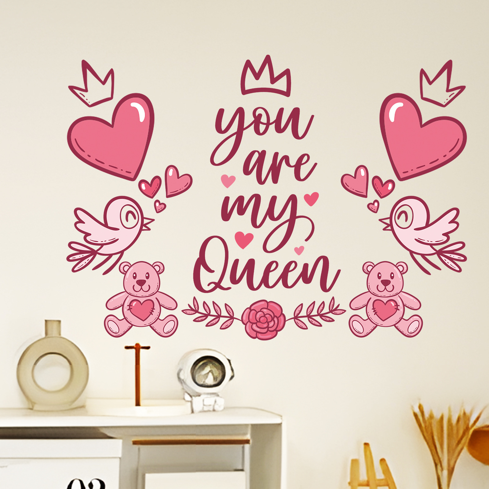 New MS-CC011 Valentine's Day Painted Cartoon Love Bear Sleeping Cabinet Living Room Background Wall Decorative Wall Stickers