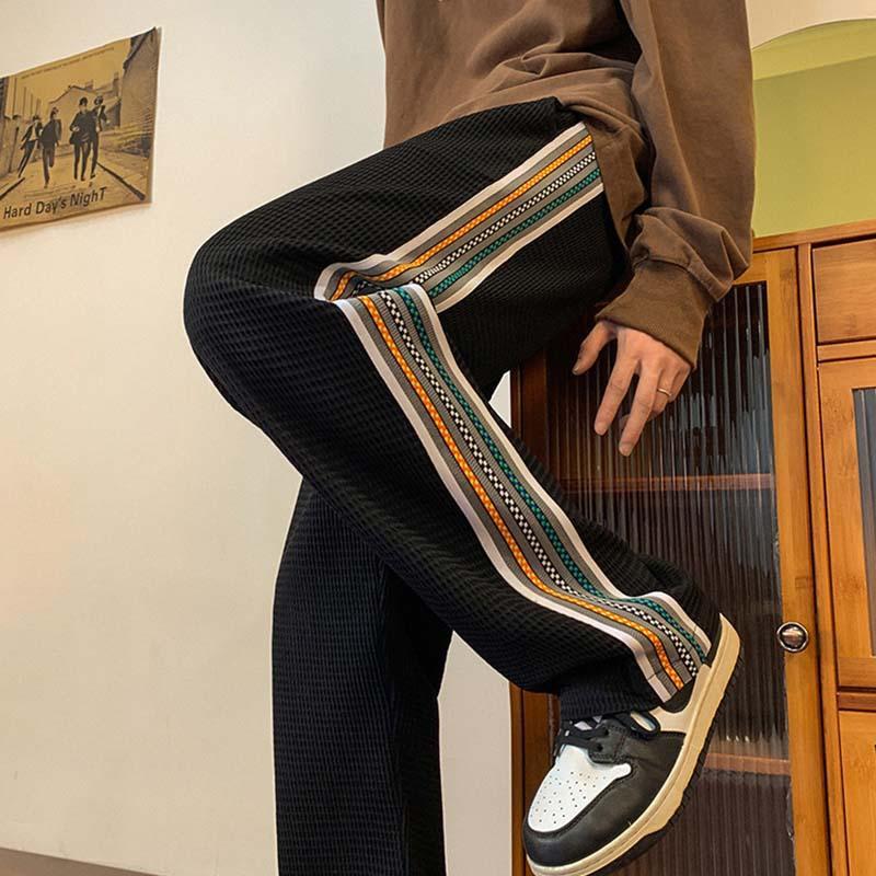American Street Waffle Pants Trendy 2024 New Hong Kong Style Casual Striped Stitching Casual Pants Wide Leg Pants Korean Style