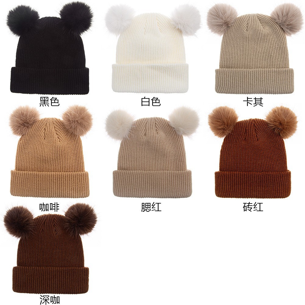 Cross-border new children's knitted hat baby wool double ball hat solid color warm cap baby autumn and winter hat