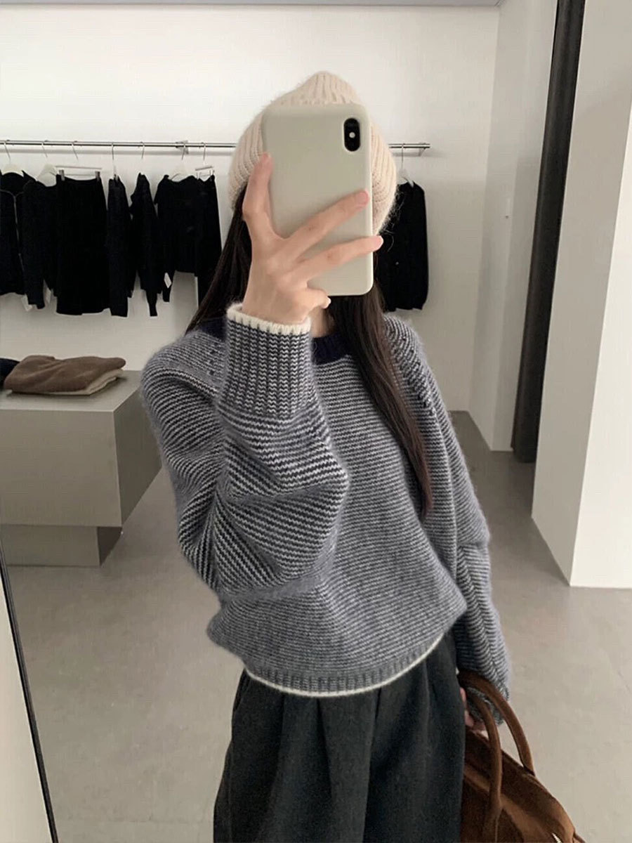 Sweater Women's 2024 Winter New Korean Style Crewneck Pullover Long Sleeve Striped Casual All-match Knitted Top