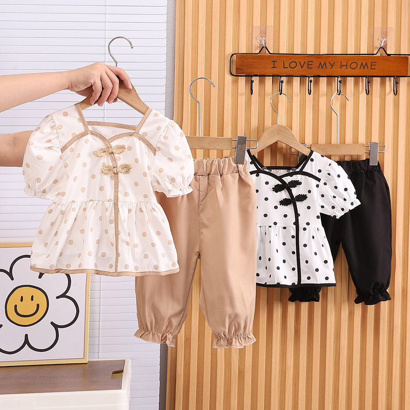 Women's Baby Summer Clothes National Style Short-sleeved Suit Children's Ankle-length Pants Summer New Chinese Two-piece Baby Internet Celebrity Clothes