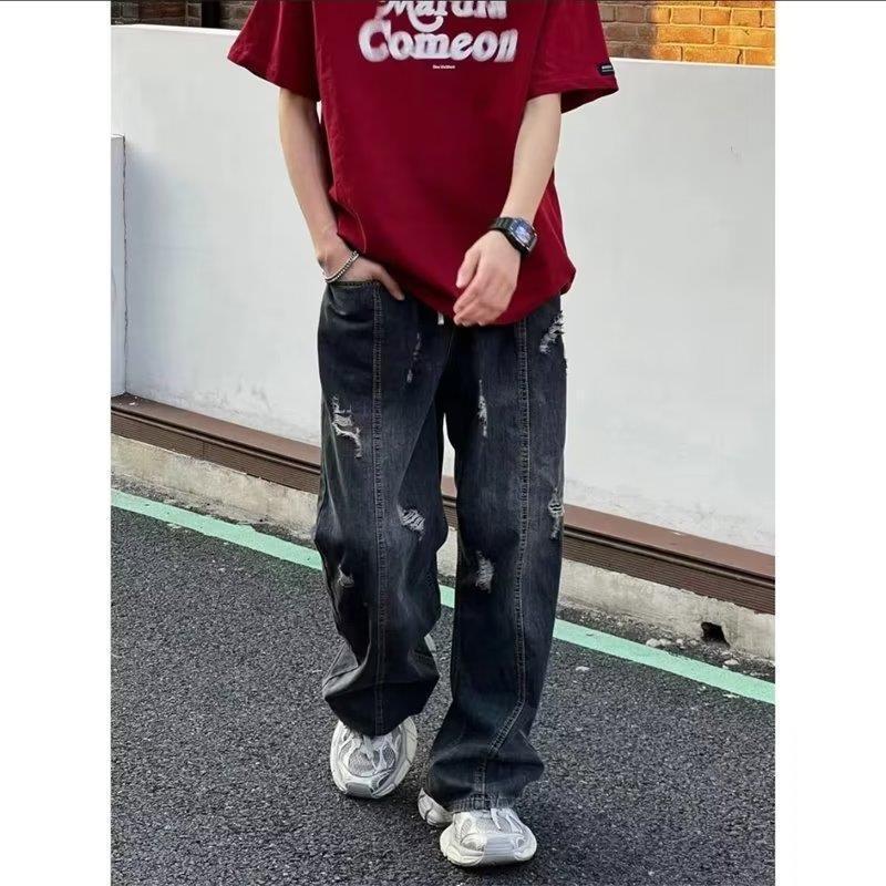 Spring and Summer American Style Retro Washed Gradient Loose Niche Thin Soft Denim Straight Ripped All-match Jeans