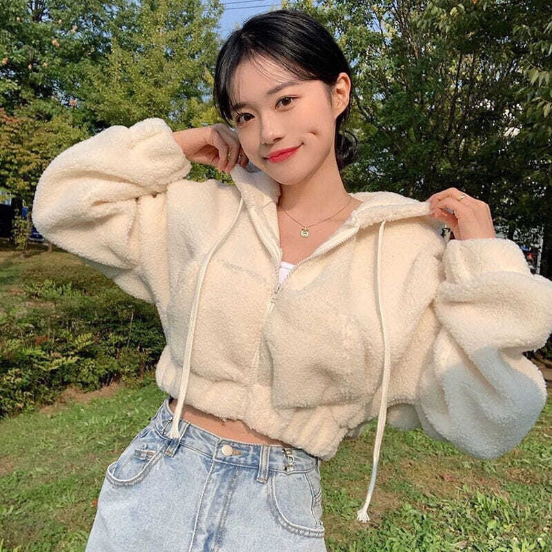 Solid Color Age-reducing Lamb Wool Hooded Sweatshirt Women's Zipper Short Sweatshirt Autumn and Winter New Slimming Coat Women's Foreign Trade