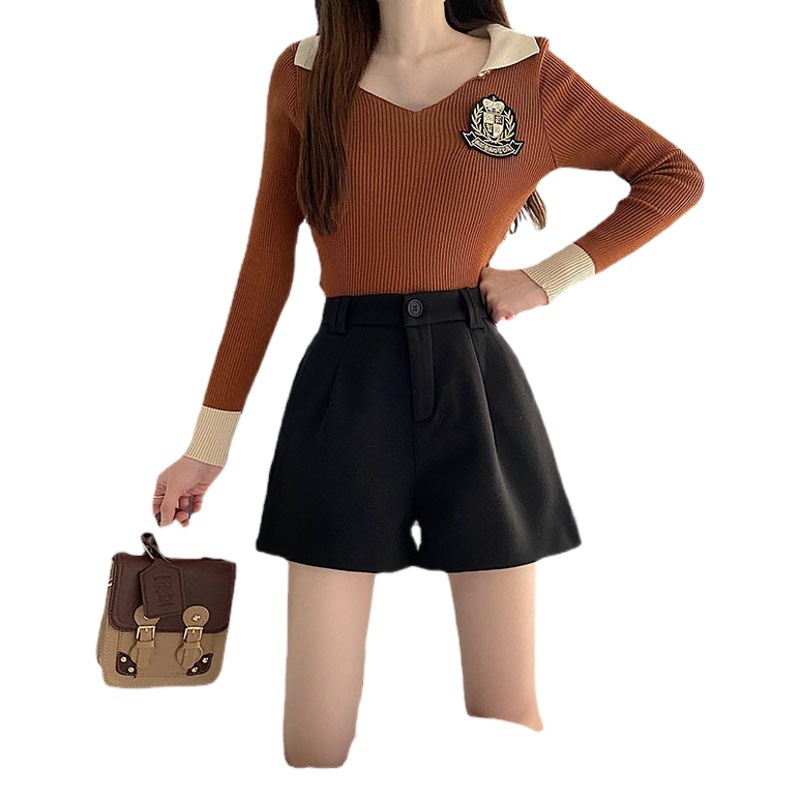 Suit shorts 23 Early New style fat sister Autumn Korean style 20 woolen A- line high waist slimming shorts wide leg Black