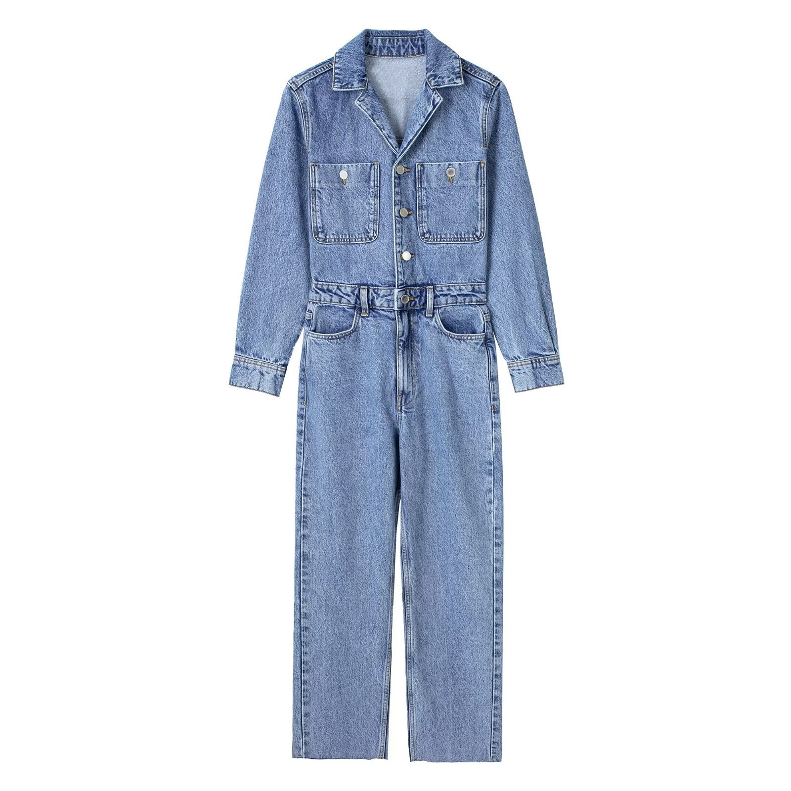 Saw Aliexpress Independent Station Spring New Women's Lapel Single-Breasted Flap Pocket Pants Long-Sleeved Belt Straight Jeans