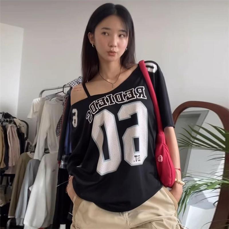 American Style Street Personality Letter Printing Slant Collar Short-sleeved T-shirt Women's Loose Slimming All-match Trendy Mid-length Top
