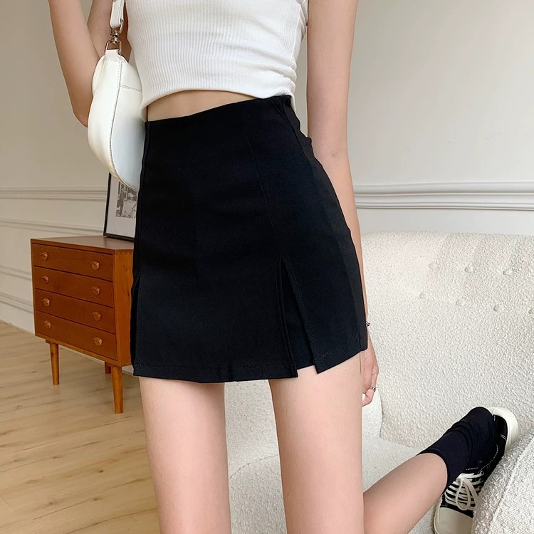 Split black skirt women's summer high waist A- line short culottes 2024 new small sheath one-step skirt