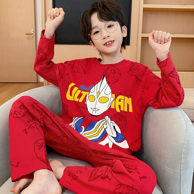 Picture of Spring and Autumn boys' pajamas pure cotton long-sleeved red animal year Festive dragon year little boy children's homewear suit