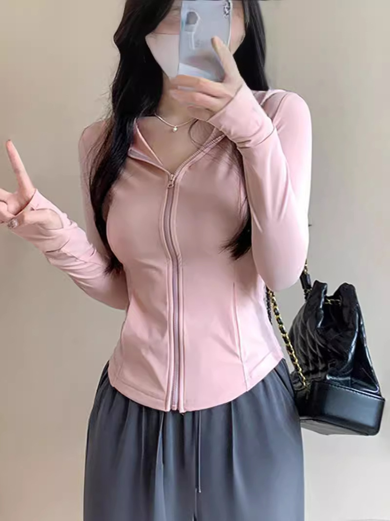 Picture of Factory Straight Hair Finger Buckle Pocket Ice Silk Sun Protection Clothing Slim-fit Hooded Jacket Zipper Sport Cardigan