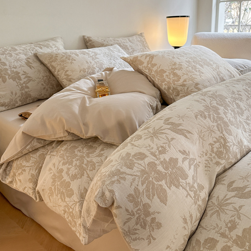 Class A Japanese-style double-layer yarn cotton four-piece set pure cotton light luxury high-end bedding naked sleeping quilt cover bed sheet 4
