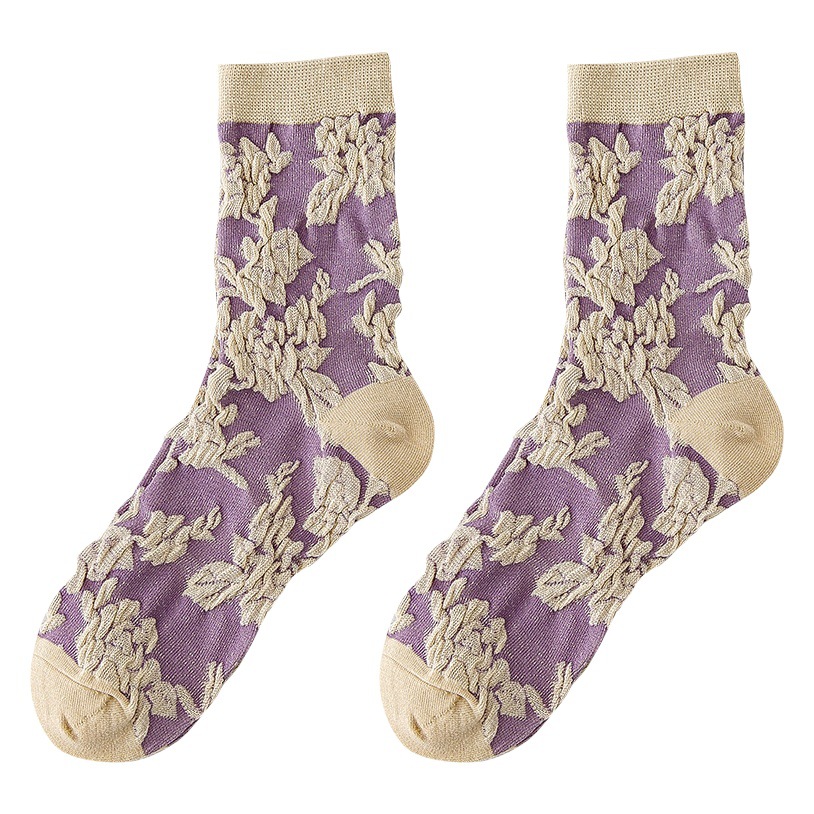 Purple Socks Women's Mid-barrel ins Trendy Pure Cotton Spring and Autumn Japanese Style Vintage Floral Fashionable Distinctive Outfit Stockings for Women
