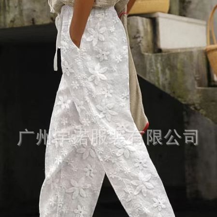 2023 Europe and America Amazon Independent Station Best Selling Women's Elegant Embroidered Cotton and Linen Casual Pants