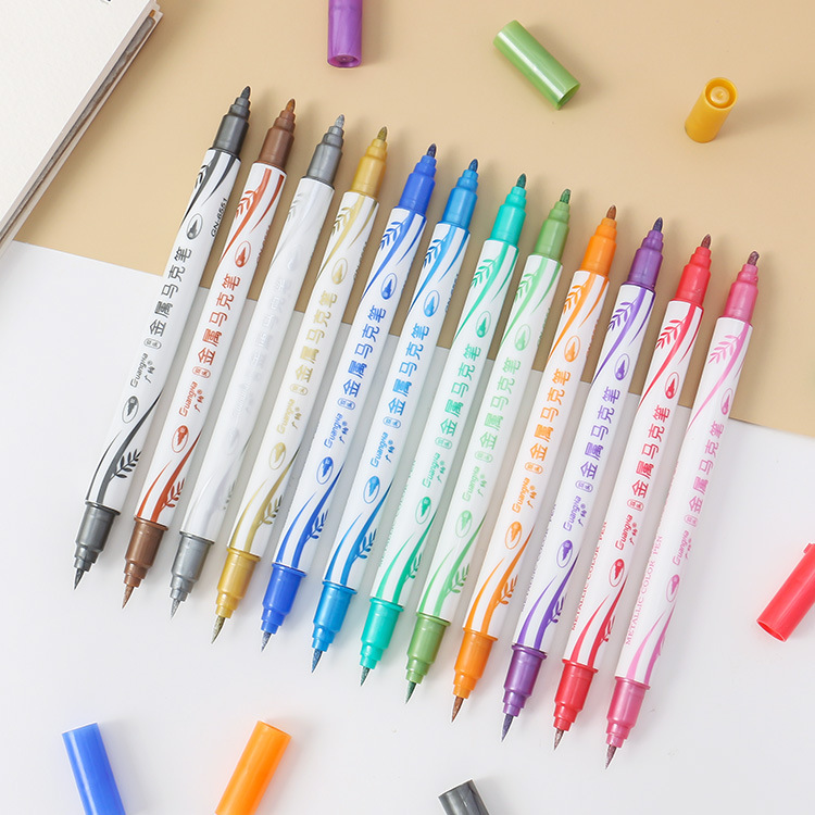 Guangna 6551 Double-headed Hard and Soft Metal Pen 12 Color Set DIY Black Card Daub Decorative Water-based Pearlescent Marker Pen