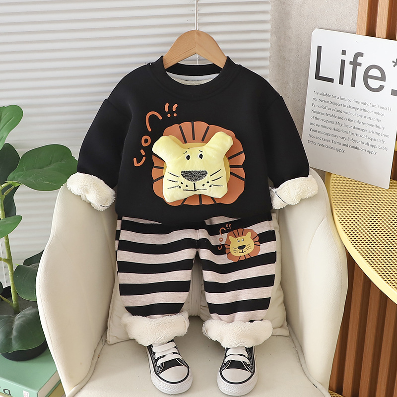 Five small seven children's clothing 2024 autumn and winter new 0-4 years old children boys fleece-lined three-dimensional lion vests 2-piece set