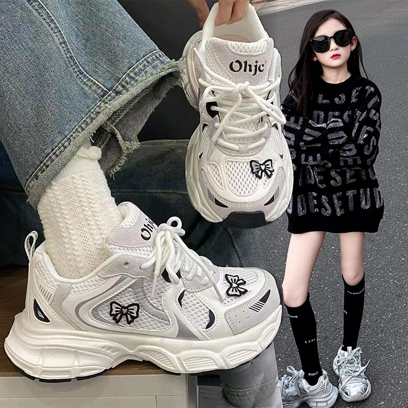 Girls' bow mesh sneakers children's casual dad shoes 2025 fall new girls' breathable running shoes