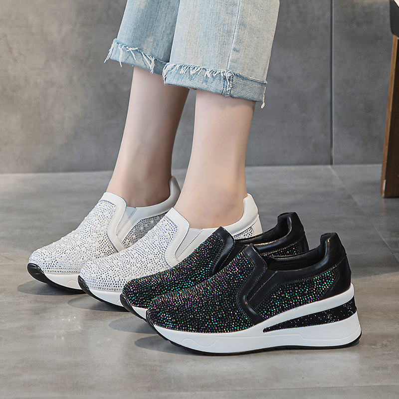 Women's Shoes with Increased Height and Slimming Look 2025 Autum New Rhinestone Pearl Travel Slip-On Casual Waterproof Platform Shoes for Women