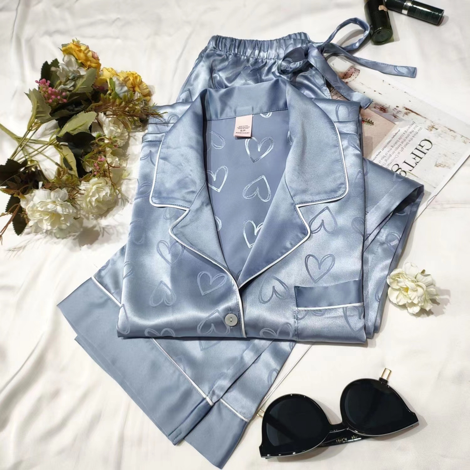Spring and Autumn Ice Silk New Arrival Pajamas Women's Long-Sleeved Trousers Thin Internet Celebrant Live Home Clothes Silk Suit for Summer
