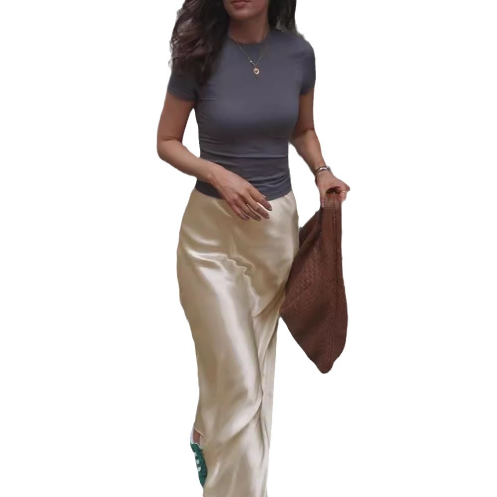 Picture of Imported Acetate Satin Silky Midi Skirt for Women, Champagne Color, Short Skirt, Mid-Length Skirt, Drapey Elastic Waist, Fishtail A-Line