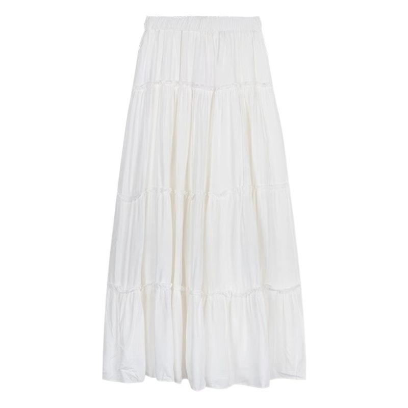 Gentle Style White Skirt Women's Spring First Love Umbrella Skirt with Wood-ear Edge Cake Skirt Slimming High Waist A- Line Long Skirt